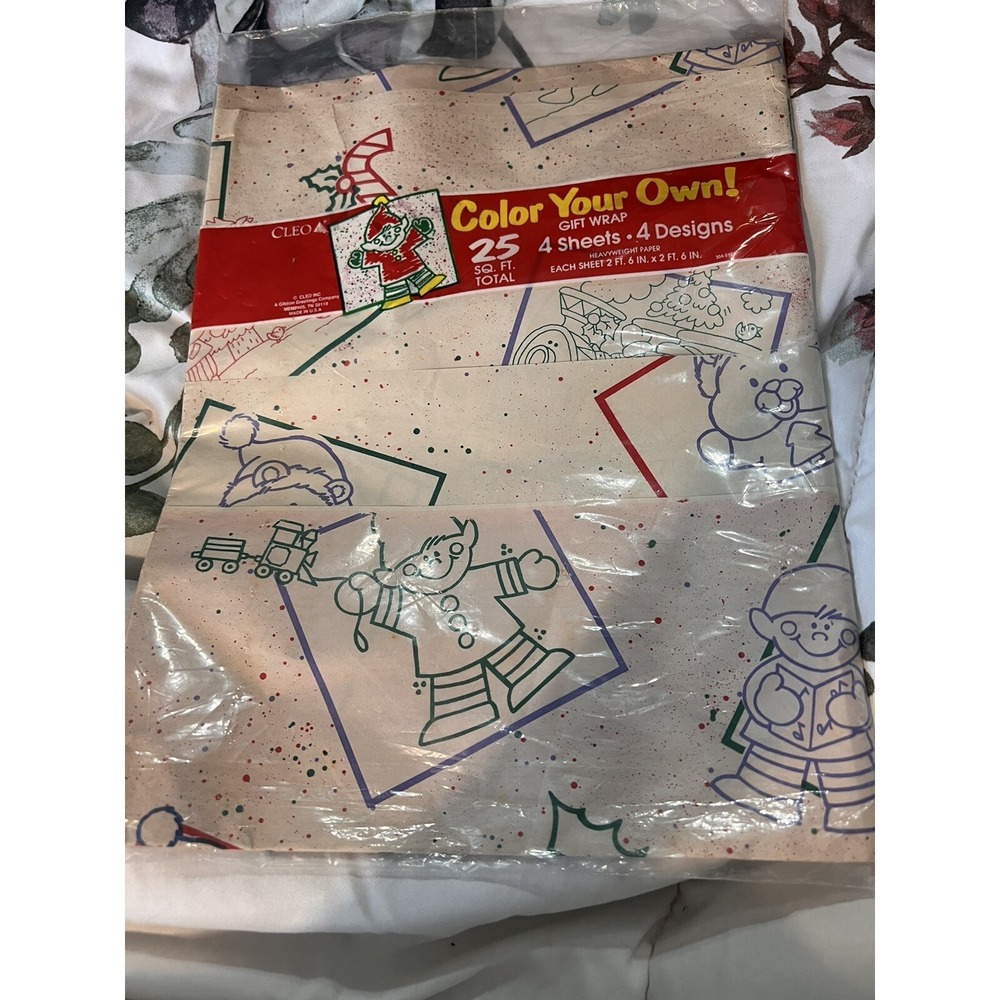 NOS VINTAGE Color Your Own Christmas Wrapping Paper Vintage Gift Wrap 4 Sheets